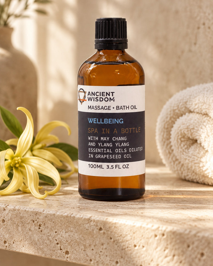 May Chang and Ylang Ylang Massage Oil, 100ml styled in a calm spa setting, Tara Spa Yarm