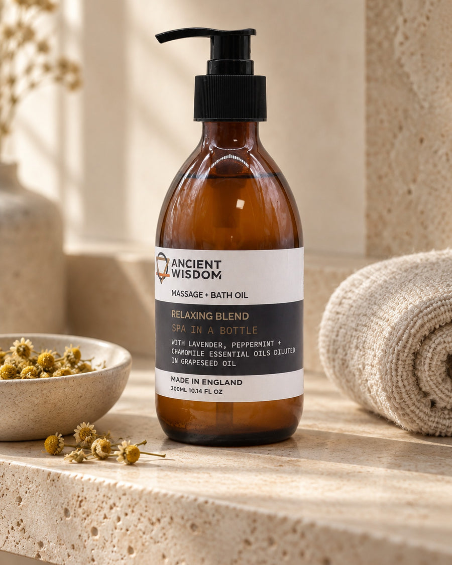 Grapeseed, Lavender and Chamomile Massage and Bath Oil 300ml styled in a calm spa setting, Tara Spa Yarm