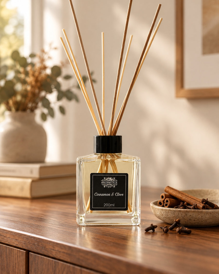 Cinnamon and Clove Essential Oil Reed Diffuser, 200ml styled in a calm spa setting, Tara Spa Yarm