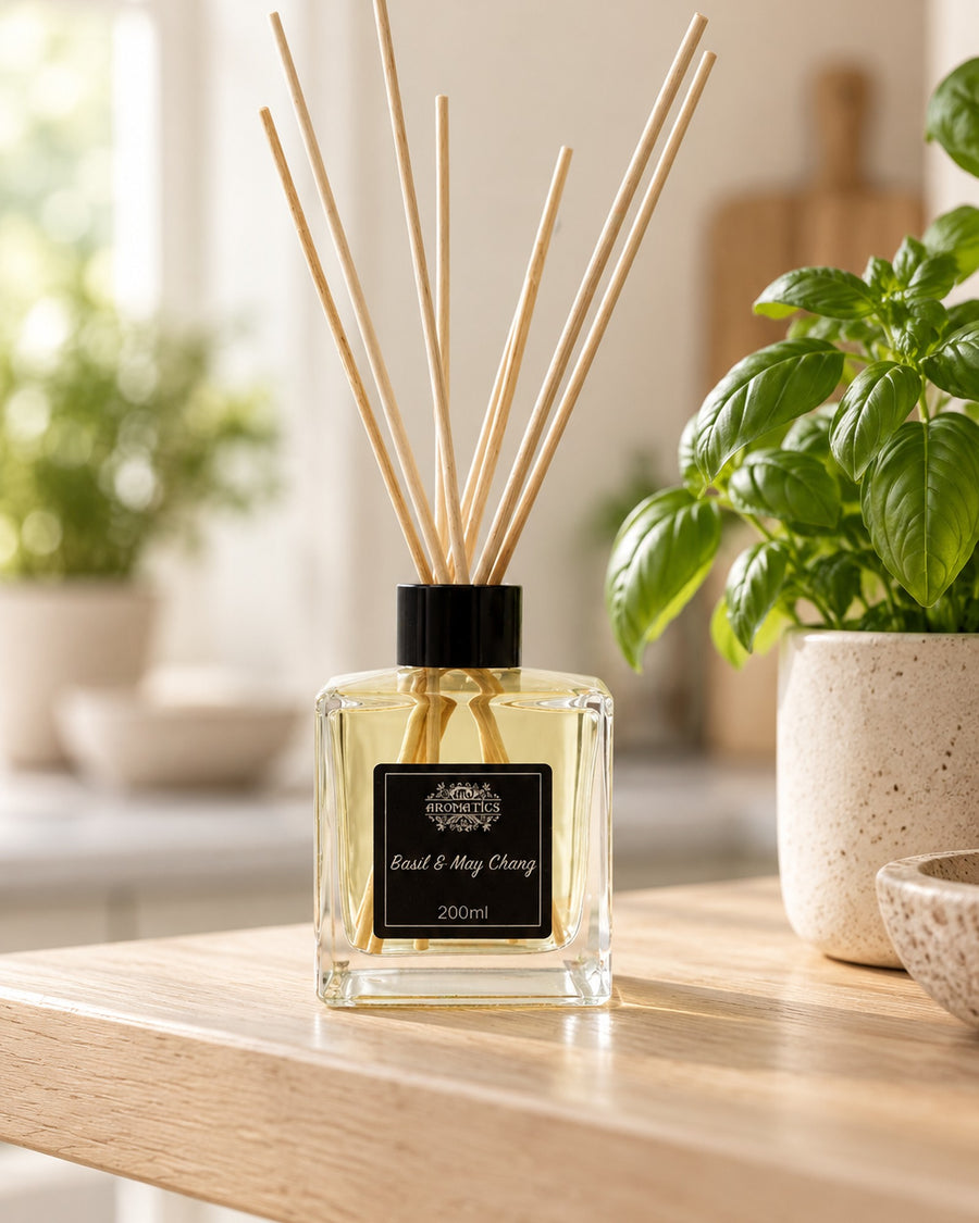 Basil and May Chang Essential Oil Reed Diffuser, 200ml styled in a calm spa setting, Tara Spa Yarm