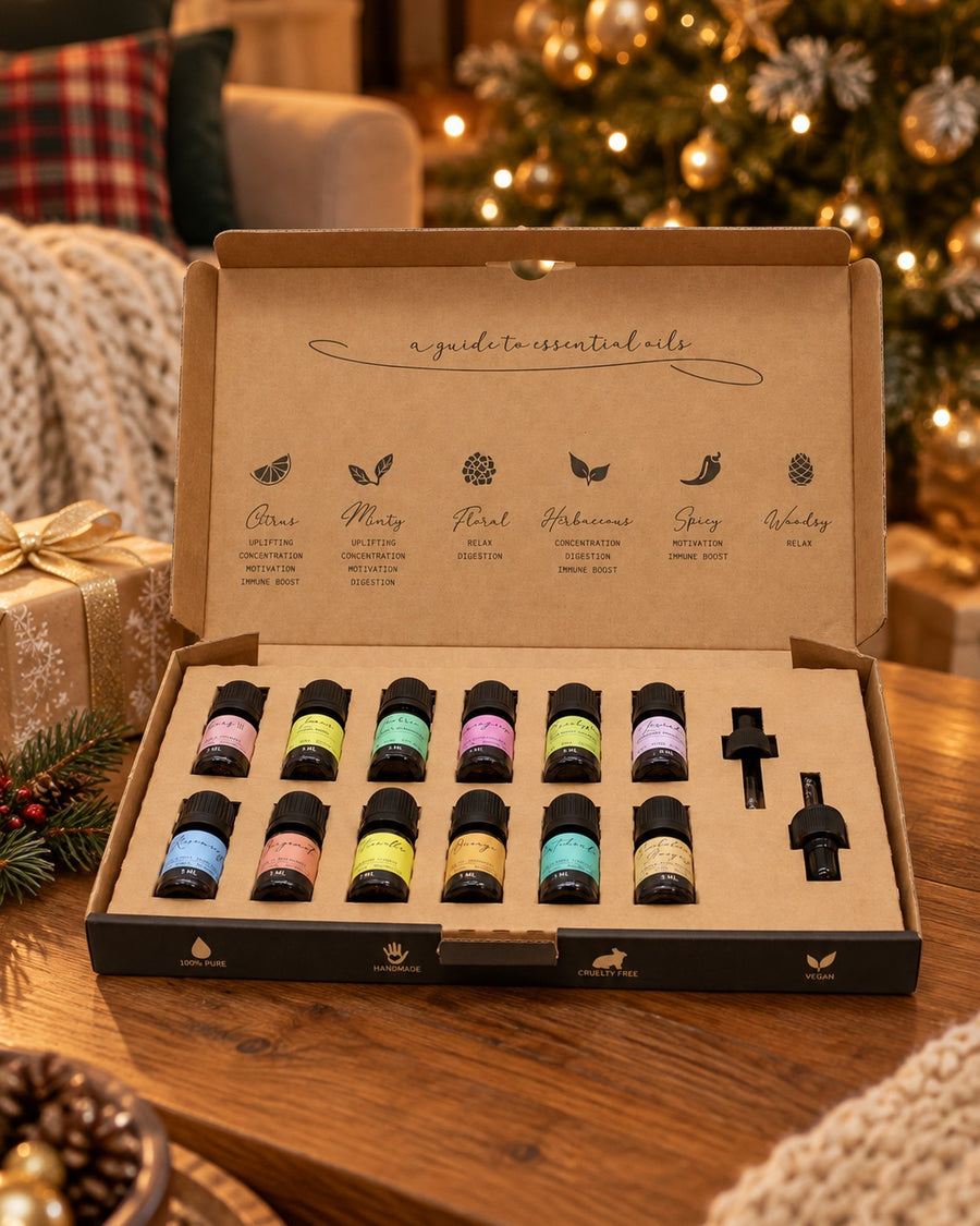 Essential Oil Set, 12 Scents, 5ml Each in a cosy living room at Christmas