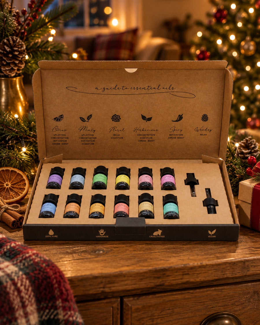 Aromatherapy Essential Oil Set - Autumn Set in a cosy living room at Christmas