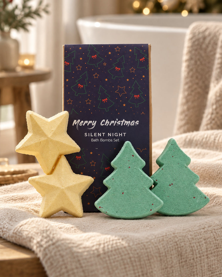 Silent Night Christmas Bath Bomb Gift Pack styled at home
