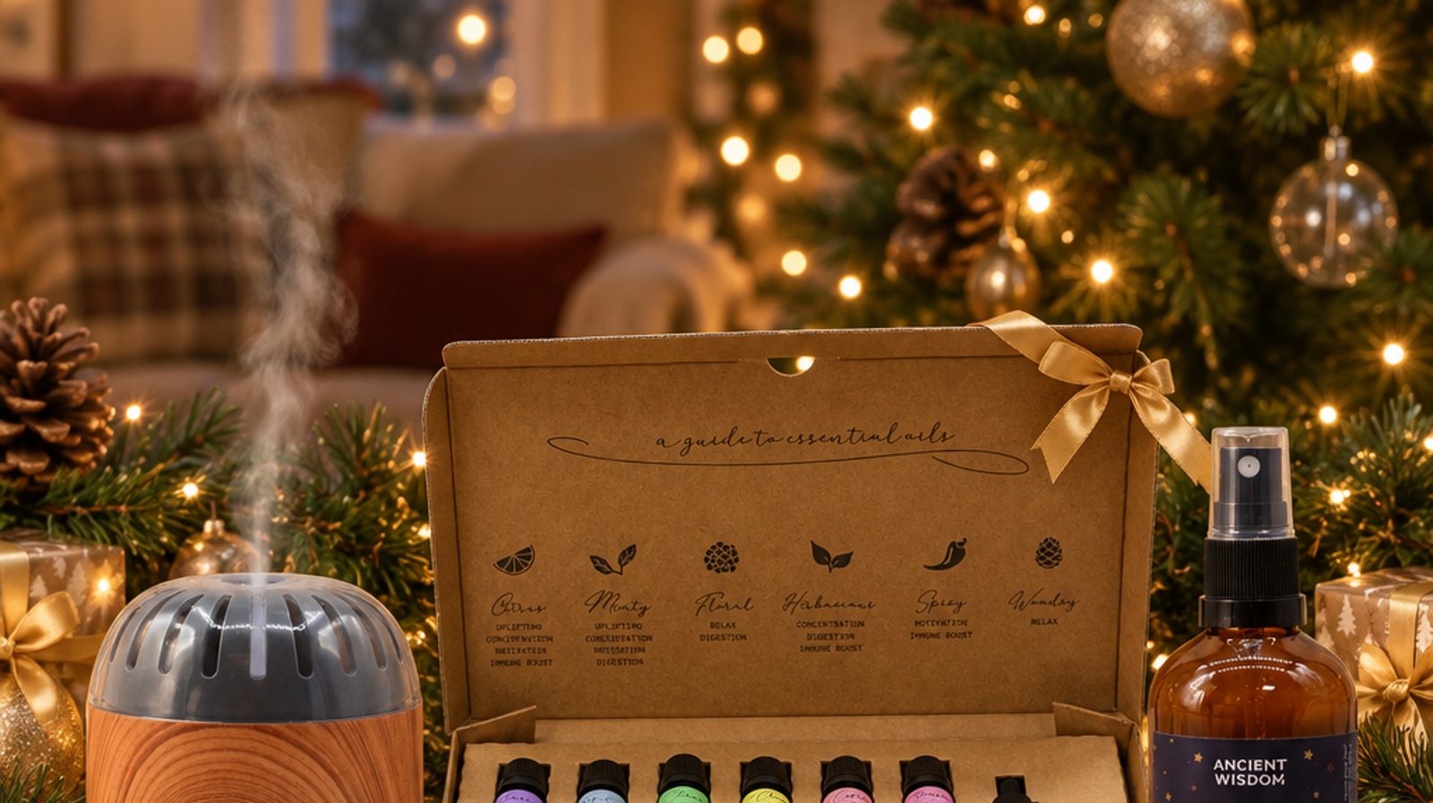 Diffuser, essential oil gift set and Christmas room spray by a Christmas tree